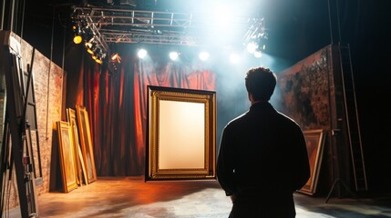 Theater stage with dramatic lighting and solitary figure