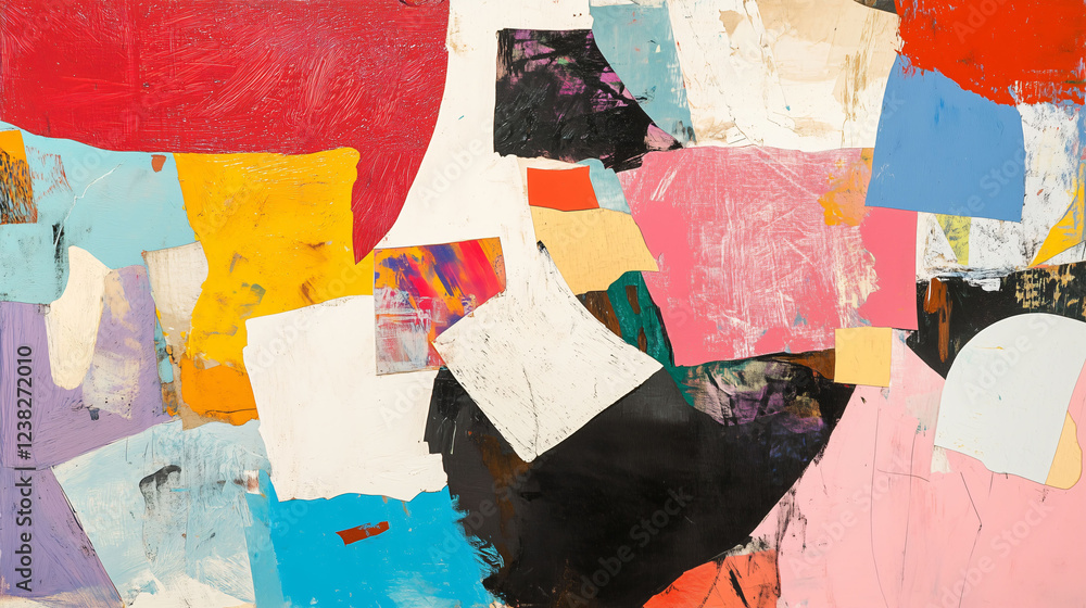 Aufkleber layered abstract collage with vibrant colors and textures in dynamic composition. generative ai