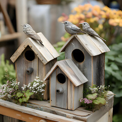 Decorative wooden birdhouses with artificial birds nestled among flowers in a garden setting on a sunny day. Generative AI