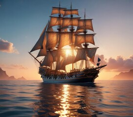 Obraz premium Majestic sailing ship anchored in calm waters, majestic vessel, sailboat