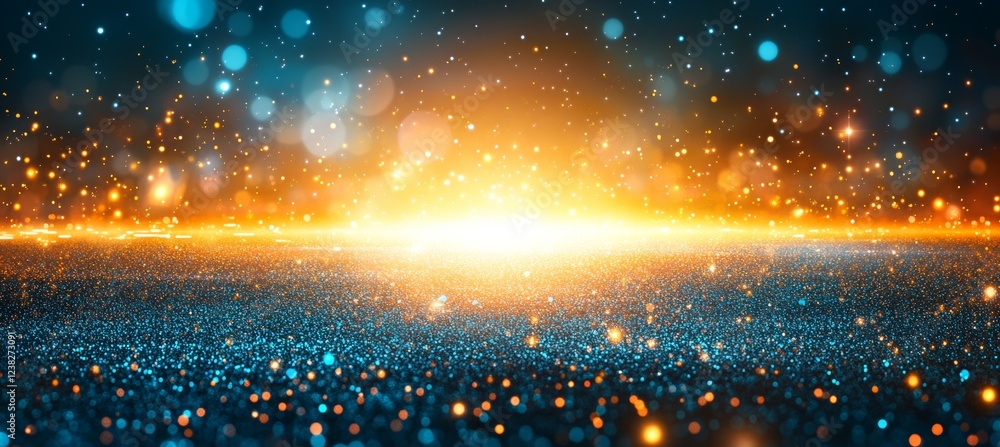 Wall mural abstract background with glowing glittering particles. illuminated stage with cold and warm colors