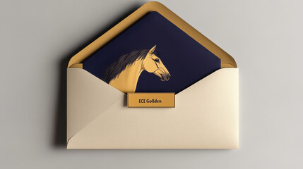 Elegant invitation card with a golden horse illustration inside a cream and gold envelope, combining luxury design with equestrian branding.
