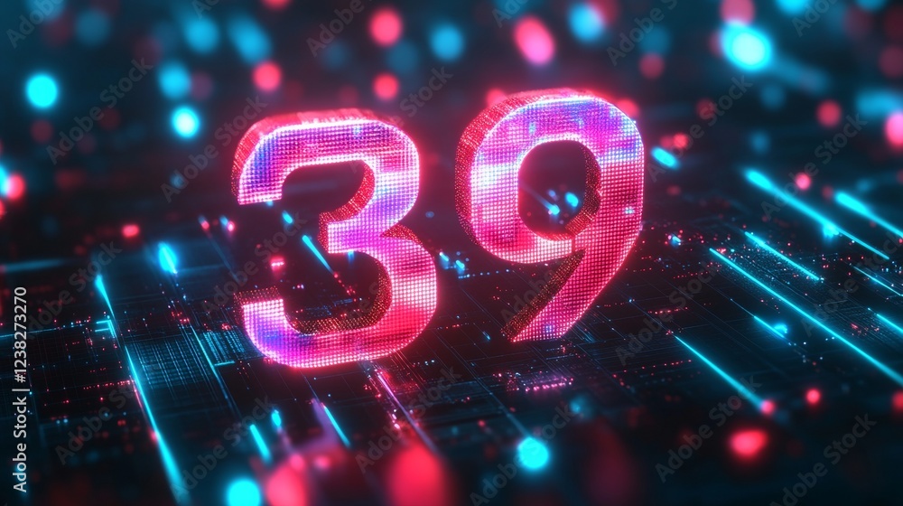 Poster glowing digital number 39 in abstract futuristic style on technology background, 3d rendering