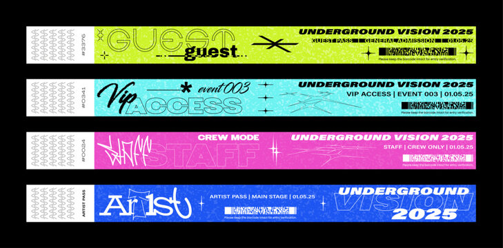 Colorful event wristbands with unique typography and barcode design. Paper wristbands featuring guest, VIP, staff, and artist passes for secure admission. Ticket - pass, admission, access. Vector set