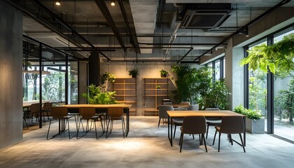 Fototapeta premium Modern Office Space With Greenery And Wooden Tables