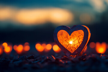Fototapeta premium Warm Heart-Shaped Lantern at Dusk