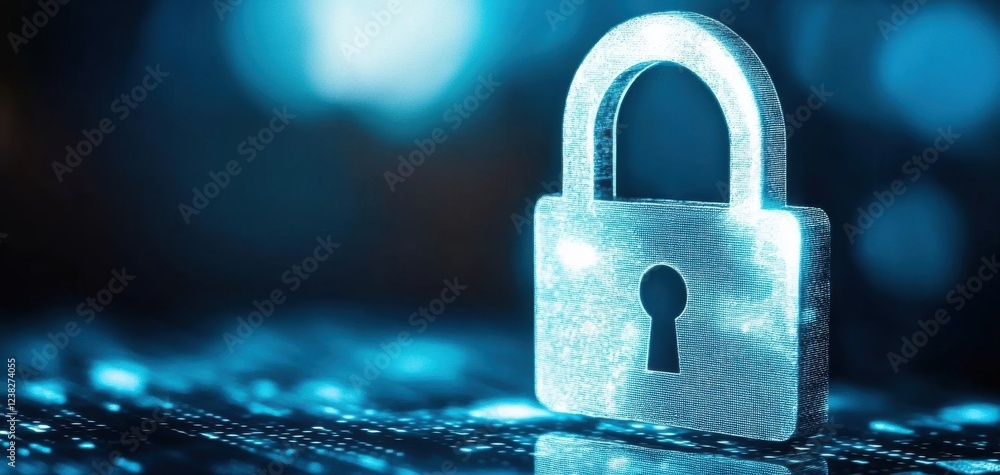 Poster a shimmering digital lock representing cybersecurity and data protection in a tech-savvy world.