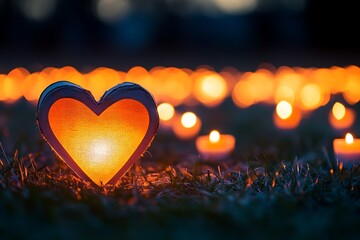 Fototapeta premium Heart-shaped lantern glowing warmly amongst evening candles.