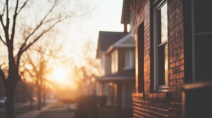 Fototapeta premium Sunset view of a residential street with brick houses.
