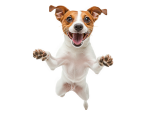 Jumping Jack Russell Terrier with joyful expression, showcasing excitement and energy. This playful dog is mid air, capturing moment of pure happiness