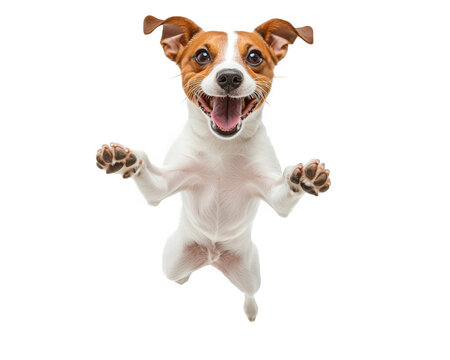 Jumping Jack Russell Terrier with joyful expression, showcasing excitement and energy. This playful dog is mid air, capturing moment of pure happiness