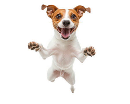 Jumping Jack Russell Terrier with joyful expression, showcasing excitement and energy. This playful dog is mid air, capturing moment of pure happiness