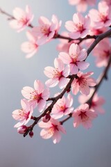 Naklejka premium minimalist branch with pale pink cherry blossoms in low light, tree details, cherry blossoms