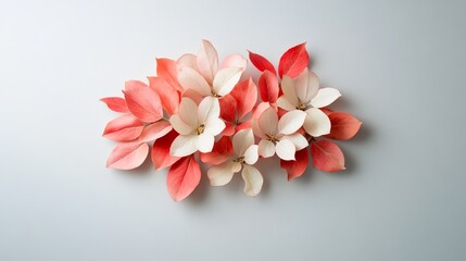Obraz premium Coral and white paper flowers arranged on light grey background, flat lay, floral design, website banner