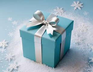 A beautifully wrapped turquoise gift box adorned with a silver bow on a snowy blue background.
