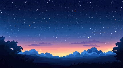 Night sky, starlit landscape, sunset, hills, graphic design