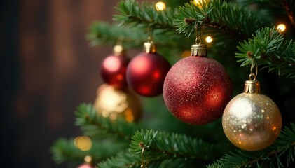 Obraz premium Glittering glass ornaments dangle from the branches of a lit Christmas tree, holiday, branches, decorative