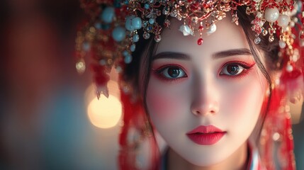 Elegant Woman in Traditional Headdress During Cultural Celebration. Generative AI