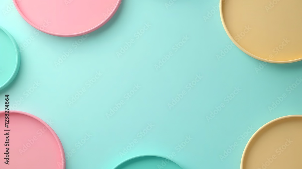 Poster colorful circular plates arranged on a serene blue background creating a minimalist and modern aesth