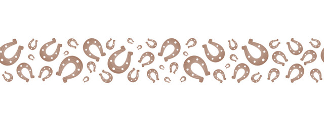 Lucky brown horseshoe. Chocolate silhouette. Seamless long horizontal border. Endless vector pattern. Isolated colorless background. Symbol of luck. Continuous ornament. Flat style. Abstract image. 