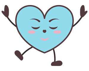 Heart character is dreaming. Young man in the form of love symbol. Dreamy smile on face, eyes closed, hands up, legs dancing. Color vector illustration. Isolated white background. Kawaii style.