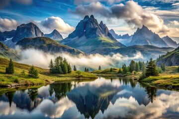 Fototapeta premium Misty mountain landscape with rugged peaks, rolling hills, and serene lakes, scenery, wilderness