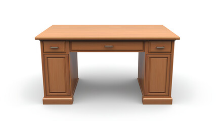 A wooden desk with three drawers and a white background