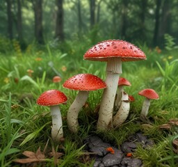 Red Amanita Muscaria mushrooms with their unique red spores in a lush grassy environment, plants, landscape