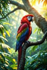 Obraz premium Red and blue colorful parrot perched on a tree in the jungle, green canopy, red and blue feathers