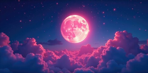 Obraz premium Glowing pink clouds with a full moon and many stars above, moon, cloudy night, full moon