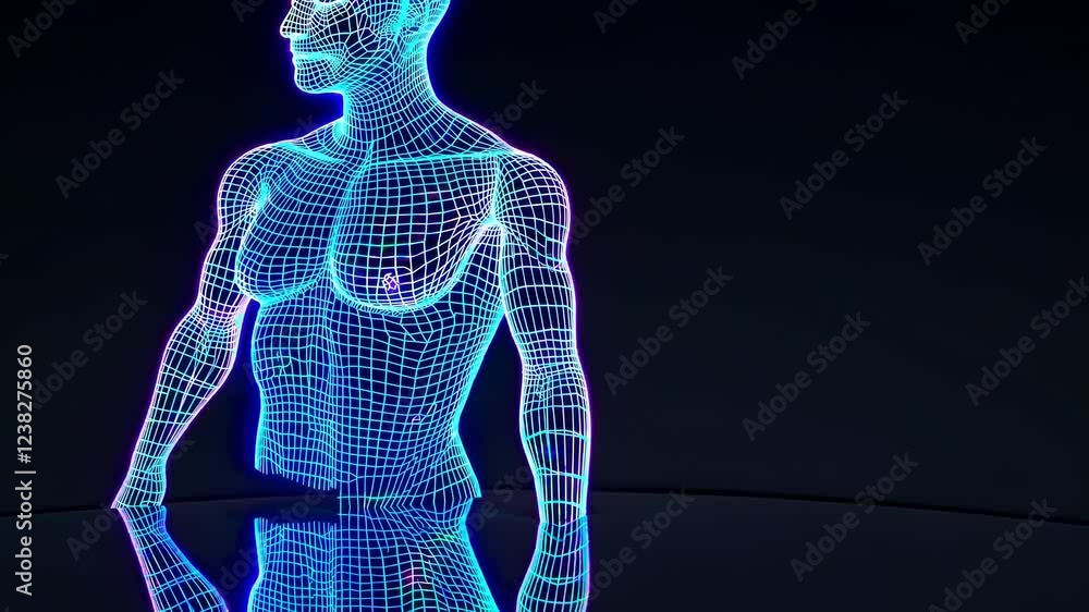 Aufkleber A surreal close-up focusing on a luminous wireframe torso and arms, each segment mapped in laser-like precision, floating in a dark, reflective space.