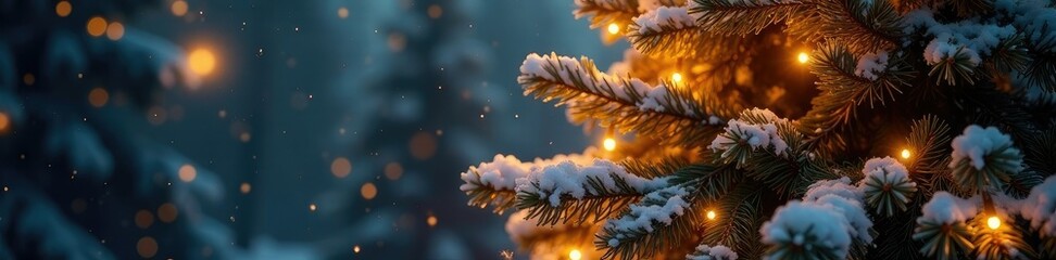 Golden Christmas lights adorn the snowy branches of a majestic fir tree, golden christmas lights, holiday season, magical