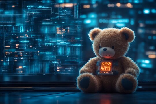 A Teddy Bear With A Digital Display Sits In Front Of A Glowing Screen.