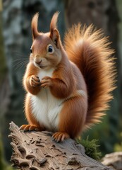 Obraz premium Red squirrel with visible patches of new fur on its back, autumn colors, red squirrel, shedding fur