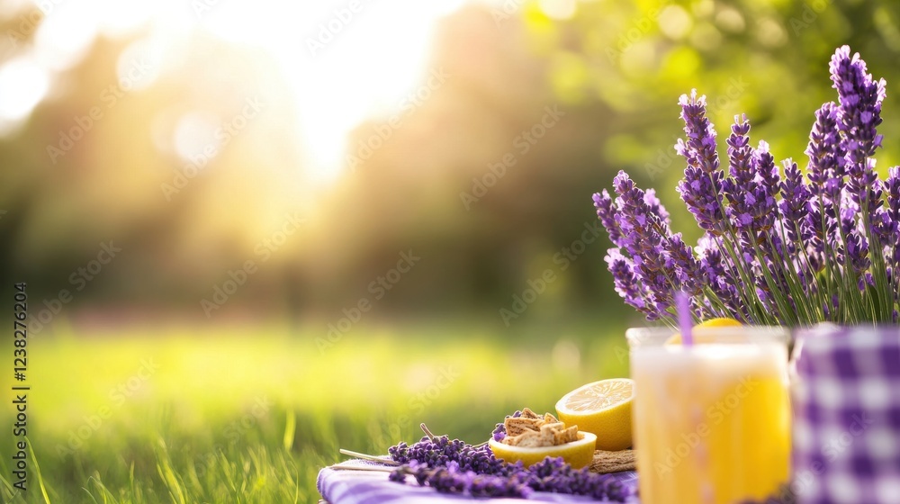 Wall mural A sunny outdoor scene featuring lavender, refreshing drinks, and a relaxing picnic setup in a vibrant, green setting.