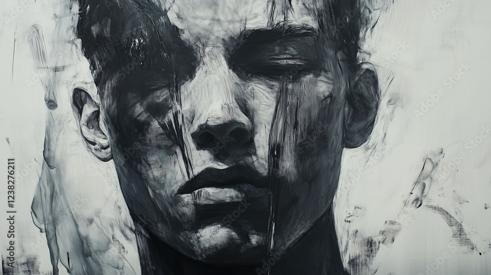 Poster muted pencil drawing of a thoughtful person with abstract elements in a monochromatic style. generat