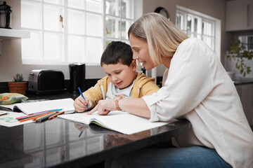 Teaching, mother and child with homework in kitchen for school task, creative development or growth...