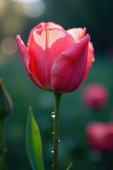 Obraz premium Morning dew clings to delicate petals as they slowly unfurl, branching out, morning dew, petals unfolding