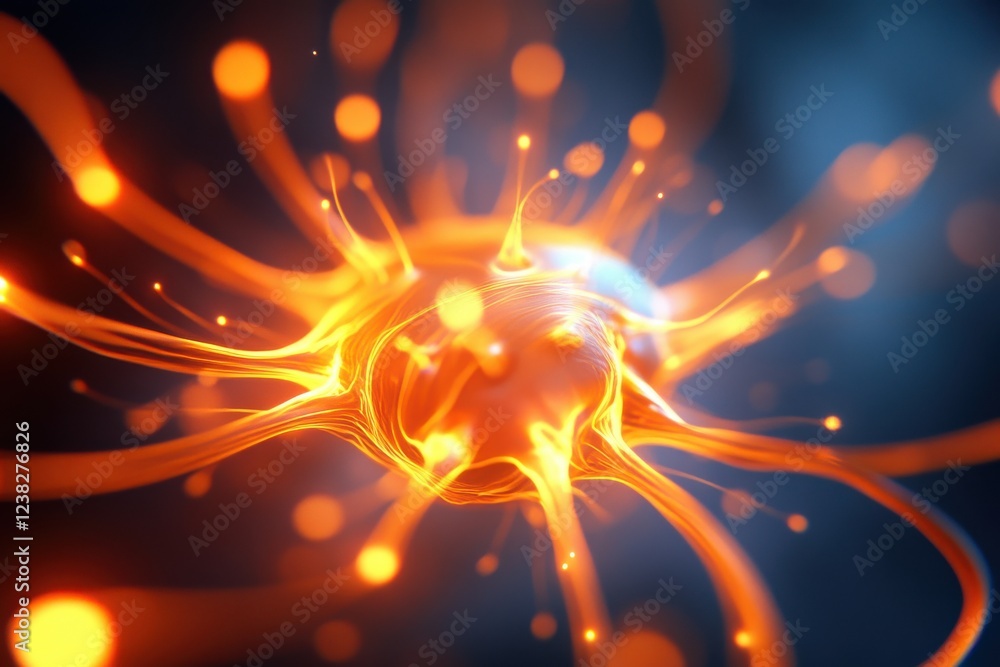 Poster a vibrant abstract representation of a neuron, showcasing dynamic energy and connections with glowin