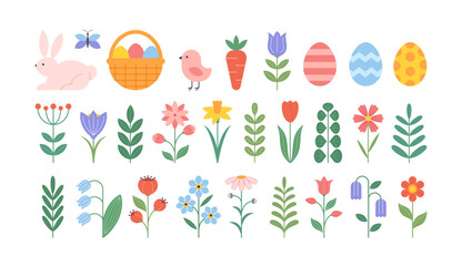 Set of Happy Easter geometric elements. Spring icons and elements in minimalist style. Flowers, bunny, eggs, basket, bird and carrot in pastel colors. Modern vector flat illustration.