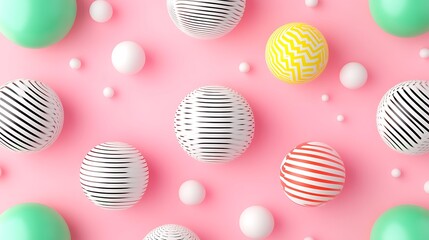 Fototapeta premium Colorful Decorative Balls with Stripes and Dots on a Pink Background for Creative Projects and Design Elements