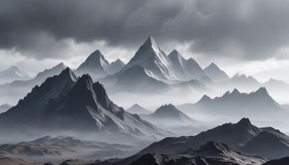 Rolling gray and misty landscape with an abstract futuristic mountain range in the background , gray, landscape