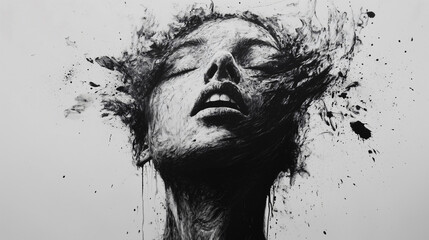 Modern Artistic Expression Through Muted Pencil Drawings of a Woman’s Face Conveying Deep Emotion and Movement. Generative AI