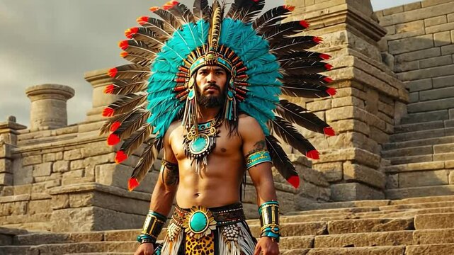 Aztec warrior in colorful feather costume	