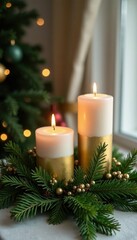 Gold-painted evergreen branches with candles in mercury glass holders, glass, painted, mercurius
