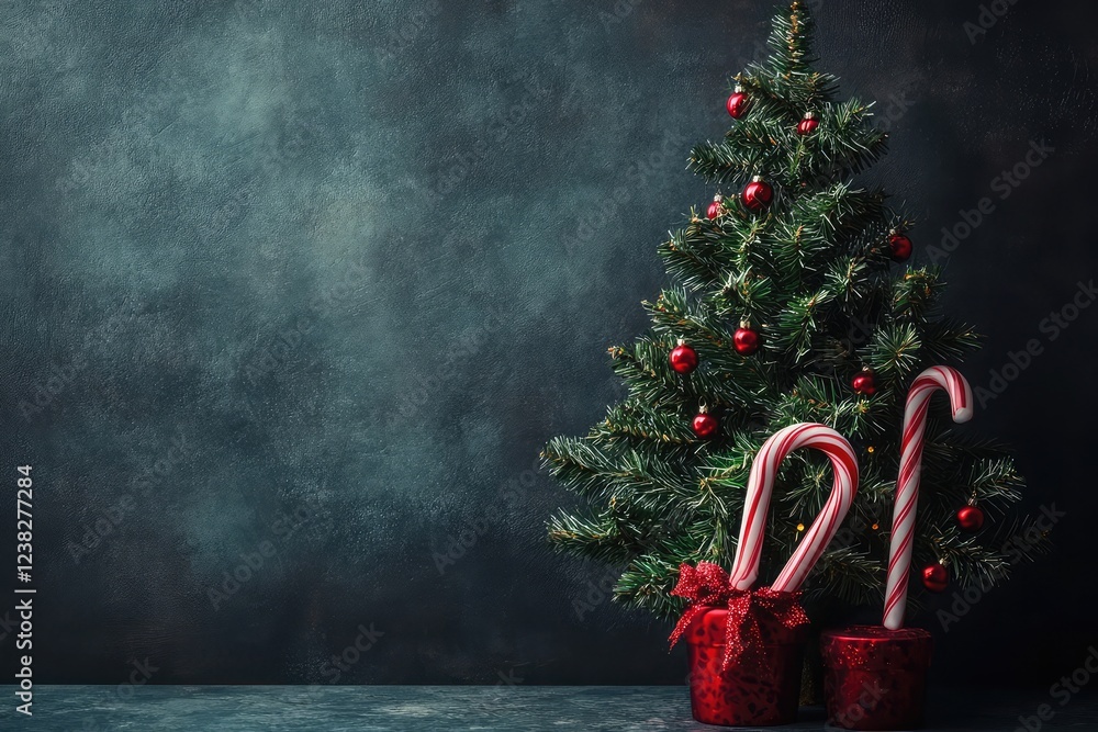 Poster christmas loading concept with a tree and candy canes on a dramatic dark background