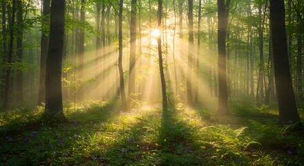 Obraz premium Magical Sunbeams in Misty Forest Landscape Photography