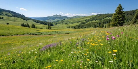 Fototapeta premium Mountain meadow in spring with wildflowers and lush green grass, idyllic, tranquil, mountainous