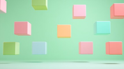 Colorful Floating Cubes in a Minimalist Background with Soft Pastel Colors and a Light Green Vibe
