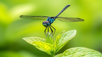 Magnificent blue dragonfly resting on a vibrant green leaf, closeup of nature's beauty